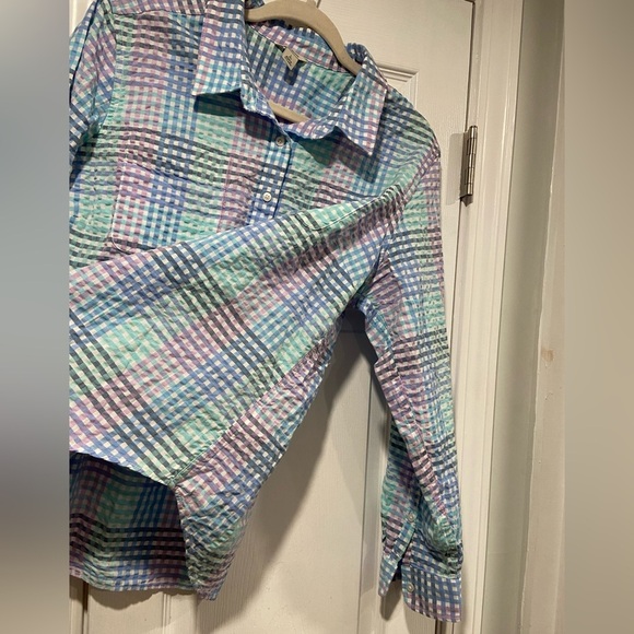 L.L. Bean Size LP Pastel Plaid Long Sleeve Button Down Seersucker Cotton Shirt - Picture 7 of 11